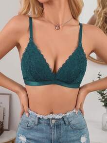 Maternity Front-Open Nursing Bra, Sexy Floral Lace, Adjustable Shoulder Straps, Comfortable Bra - Dark Green - View 3