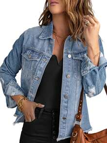 Necooer Women's Denim Jacket Old Wash Button Boyfriend Denim Jacket Jacket With Pocket - Màu xanh nhạt - Xem 12
