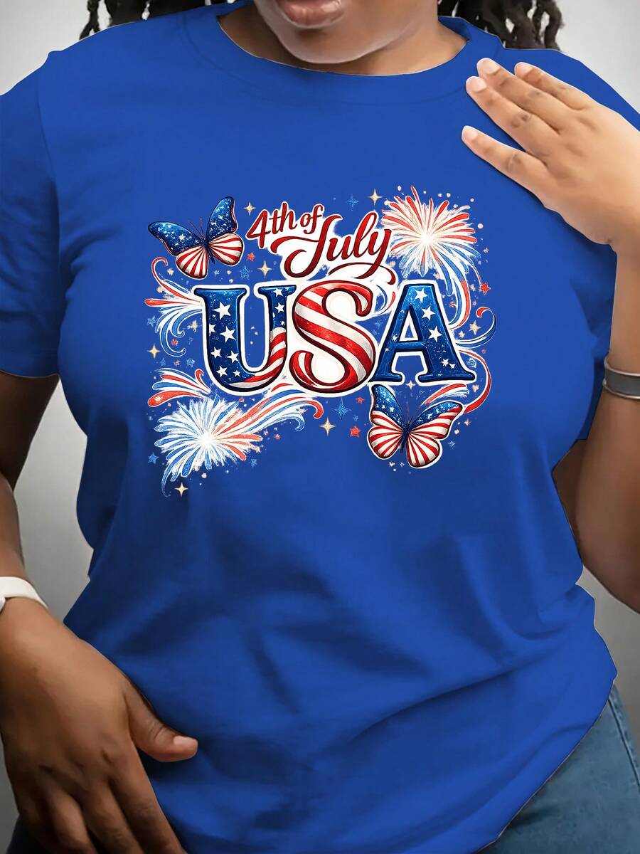 Short-Sleeved T-Shirt For Independence Day, Commemorative T-Shirt With National Flag, Round Neck Style For Women, Comfortable And Soft Fabric, Suitable For Independence Day, Fourth Of July, Heroes' Day, Presidents' Day And Children's Celebrations. - 藍色 - 查看 1