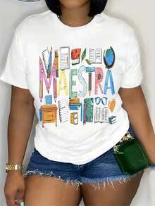 Women's Short-Sleeved T-Shirt, Soft And Breathable, 100% Cotton - Graphic Print With Teacher Theme, Casual Round Neck Top For Back To School Season, Versatile T-Shirt For Educators And Mothers, Teacher T-Shirt, Women's T-Shirts. - 白色 - 查看 6