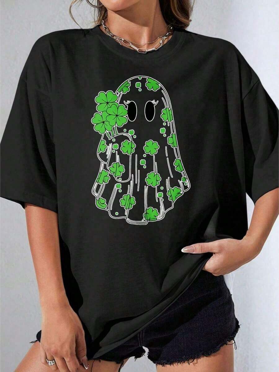 Women's T-Shirts For Gift, Short Sleeve, Casual Style For Parties, OneCute Ghost White T-Shirt With St. Patrick's Day Shamrock Print For Women, Casual Festival Wear, Soft. - 黑色 - 查看 1