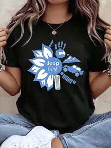 Women's Oversized T-Shirt With JEEPS Print, Casual Cotton Top With Short Sleeves And Round Neck, 220g Blouses For Women - 黑色 - 查看 1