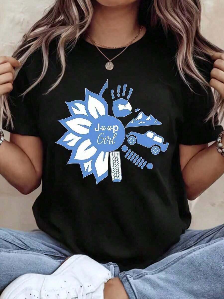 Women's Oversized T-Shirt With JEEPS Print, Casual Cotton Top With Short Sleeves And Round Neck, 220g Blouses For Women - 黑色 - 查看 1