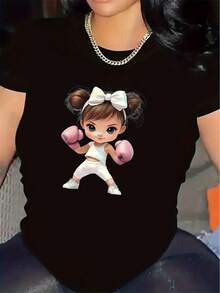 1 Adorable Boxing Design T-Shirt | Durable And Comfortable Fabric, Suitable For Wearing In The Living Room Or Gym, Stylish And Lightweight Top, Ideal For Daily Activities, Round Neck, Medium Elasticity, 180g 100% Cotton. - 黑色 - 查看 12