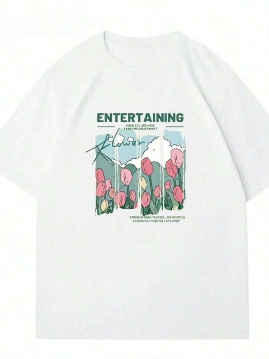 Printed T-Shirts For Women, Oversized Urban Style Tops, Comfortable And Stylish Summer T-Shirts That Go With Everything. Floral And Comic Print T-Shirts For Women, Beige Urban Summer T-Shirts, Casual Short-Sleeve Graphic Tees For Women. - 白色 - 查看 1