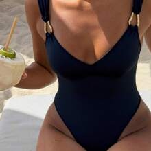 Traje de Baño de Una Pieza para Mujer 2026, Nuevo, Sexy, con Elementos Metálicos, Color Sólido y Tirantes - Traje de baño negro de una pieza - Ver 2