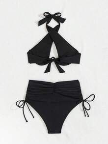 Conjunto de bikini 2025 para mujer con diseño de cruz calado, halter, sexy y con soporte de aros para el verano - Negro - Ver 5