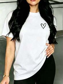 Women's Short-Sleeved T-Shirt With Round Neck And Heart Print, Versatile And Casual, Ideal For Everyday Wear. - 白色的 - 查看 7