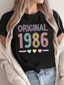 1pc Women's Vintage T-Shirt "1986 Original" Rainbow Print - Pastel Aesthetic Casual Top, Spring/Summer Machine Washable, Limited Offer - Birthday Gift For Her, Nostalgic Fashion, High Quality Fabric - 黑色 - 查看 1