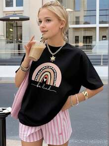 Nueva Camiseta Casual de Verano para Niñas Adolescentes, Estampada, de Cuello Redondo y Manga Corta, Estilo Minimalista de Verano, Sudadera Unisex de Estilo Urbano Vintage, de Algodón Suelto y Manga Corta con Cuello Redondo - Negro - Ver 6