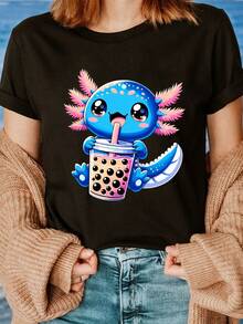 Women's Kawaii Anime Axolotl Boba Tea T-Shirt - Blue, Cute Axolotl Print And Lettering, Short Sleeve, Round Neck, Ideal For Casual Summer And Spring Looks - Black - View 12