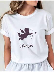 Women's Casual Sports T-Shirt With Light Purple Cherub Graphic - Elastic Crew Neck T-Shirt, Machine Washable, Comfortable Fit And Perfect For All Seasons, For A Fun And Unique Style. - 白色 - 查看 7