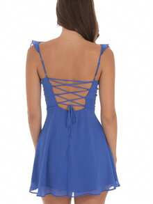 Women Summer Mini Cami Dress Solid Color Sleeveless Open Back Smocked Waist Mesh Dress - Azul - Ver 2
