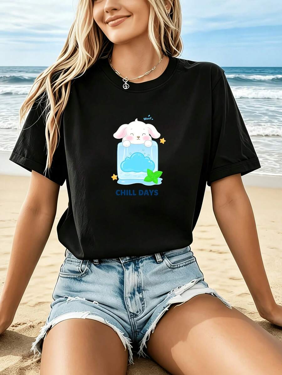 Women's Casual Sports T-Shirt With Colorful Rabbit Design - Black Elastic Round Neck T-Shirt, Machine Washable, Comfortable Fit For All Seasons, Perfect For Blonde Women, Fun And Versatile Style. - Black - View 1