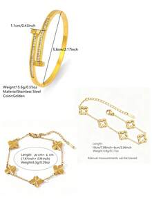 VceTd 1 Set Perhiasan Stainless Steel Motif Daun Semanggi yang Modis, Cocok untuk Wanita, untuk Bepergian atau Pemakaian Sehari-hari - Yellow Gold - View 3