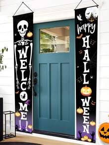 2 piezas Colgante de esqueleto de Halloween feliz, Bandera de bienvenida de Halloween, Decoración colgante de puerta, Decoración de Halloween, Suministros para fiestas de Halloween, Decoración de Halloween feliz, Decoración de dulces o truco o de Halloween, Decoración del hogar, Crear una atmósfera espeluznante, Suministros para casas embrujadas, Adecuado para porche, Día de los Muertos, Halloween, Navidad, Decoración de Año Nuevo 2027 - Calavera de Halloween - Ver 11