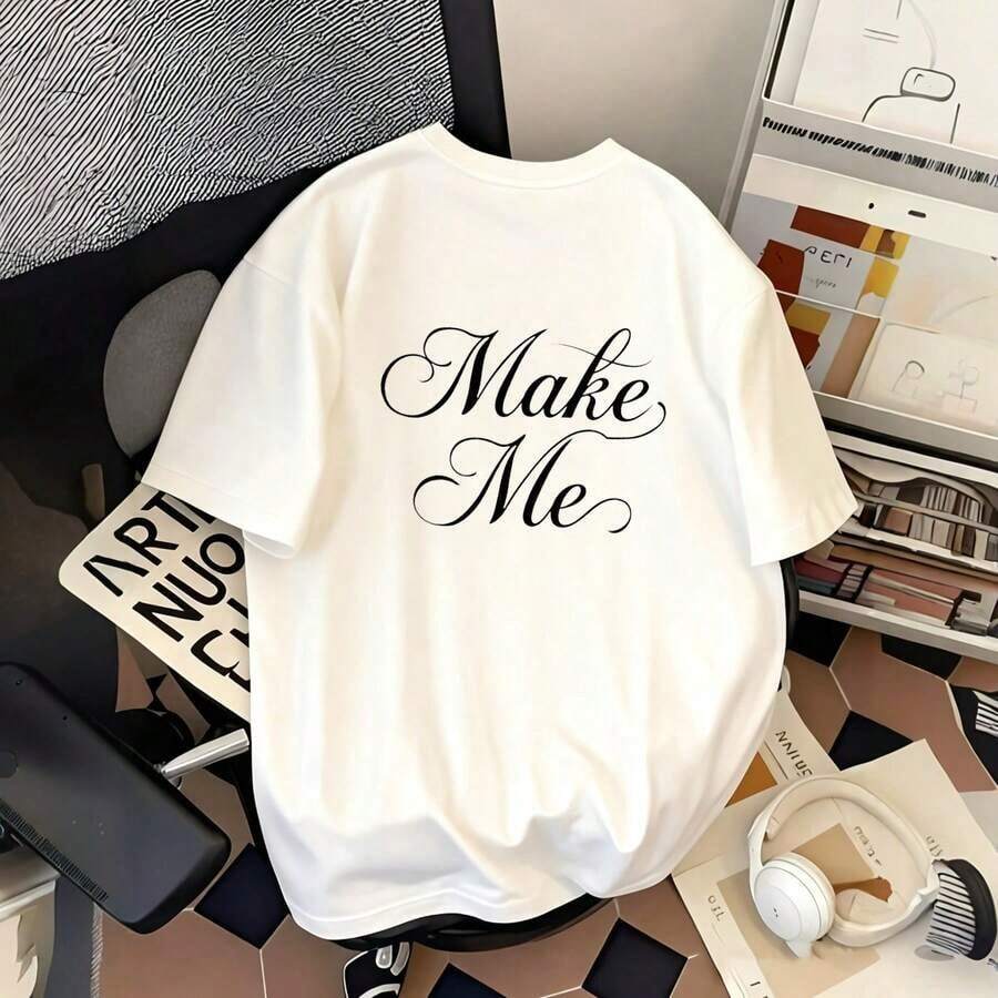 Women's Oversized T-Shirt With Retro Graphic Print, 'Make Me' Typography Design, Casual Everyday Top, Loose Fit, Machine Washable, Stylish Women's Top | Pure Cotton Casual Everyday Top - 白色 - 查看 1