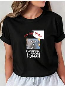 Camiseta Estampada para Mujer - Camiseta Casual Negra de Manga Corta y Cuello Redondo con Diseño de Perro y Texto. Con un Corte Relajado para Todas las Estaciones, la Elección Perfecta Tanto para el Uso Diario como para tus Atuendos de Vacaciones (Lavable aáquina). - Negro - Ver 1