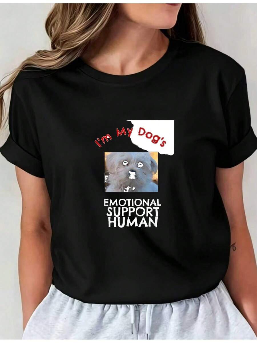 Camiseta Estampada para Mujer - Camiseta Casual Negra de Manga Corta y Cuello Redondo con Diseño de Perro y Texto. Con un Corte Relajado para Todas las Estaciones, la Elección Perfecta Tanto para el Uso Diario como para tus Atuendos de Vacaciones (Lavable aáquina). - Negro - Ver 1