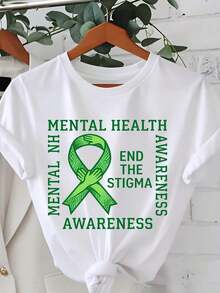 100% Cotton, Women's T-Shirt For Mental Health Awareness With Green Ribbon And The Text "End The Stigma" For Mental Health Support And Promotion Events. - White - View 1