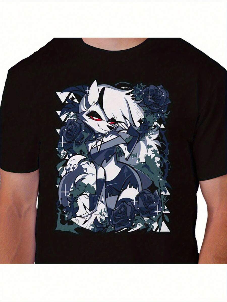 Plus Size Unisex Printed T-Shirt - Black Crew Neck T-Shirt With A White And Gray Fox Character Print, Casual Loose Street Style, Suitable For All Seasons. (Keywords: Women's Shirts, Women's Sweatshirts, Women's Casual Summer Sweater Blouse, Prom Dresses) - 黑色 - 查看 1