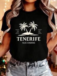 Women's Cotton T-Shirt With A Simple And Versatile Design, Authentic With A Print Of The Tenerife Palm Tree - Colors Of The Spanish Flag With The Logo Of The Canary Islands, Casual Short-Sleeved T-Shirt With Tenerife Text, Suitable For All Seasons, Ideal For Souvenirs Of Holidays In Spain And Everyday Use. - 黑色 - 查看 7