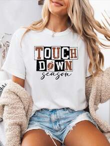 Women's Casual Spring/Summer T-Shirt With GAME DAY Letter Print, Round Neck, Short Sleeve, Sports T-Shirt - 白色 - 查看 12