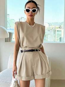 Conjunto de top sin mangas de cuello redondo y pantalones cortos de unicolor para mujer, conjunto casual de verano, conjuntos de dos piezas para mujer - Albaricoque - Ver 6