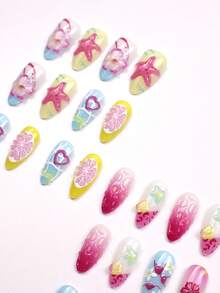 30pcs/Set Almond-Shaped 3D Starfish & Lemon Nail Art Stickers, Suitable For Beach, Office, Party, Date And Daily Wear For Fashionable Girls Nails - Multicolor - View 4