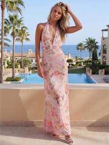 Vestido Largo Bohemio Sin Mangas Floral para Mujer, Cuello Alto y Ajustado, Ligero para Playa y Vacaciones de Verano - Rosa - Ver 1