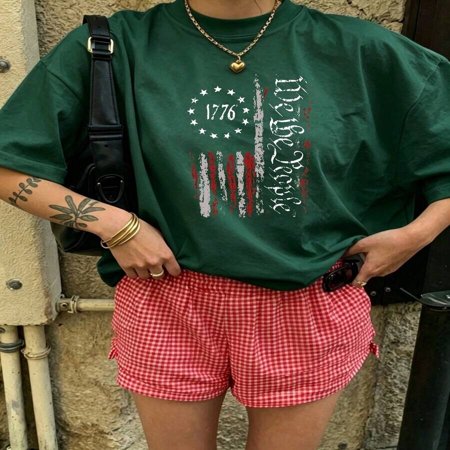 Heartfelt Daily Casual Graphic T-Shirt 100% Cotton Oversized Soft Breathable Casual Crewneck Short Sleeve Top Vintage Aesthetic Red White Stripes Stars 1776 Design For Casual Wearers Fashion Lovers Daily Outfit Enthusiasts Gift Givers