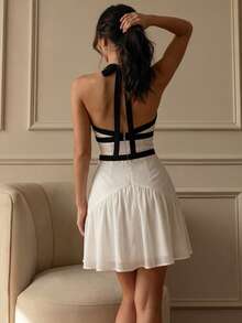 Perirose Women's Black White Contrast Halter Mini Dress, Bow Detail Backless Fit And Flare Sleeveless A Line Dress, Summer Fall Party Going Out Chic - Black and White - View 6