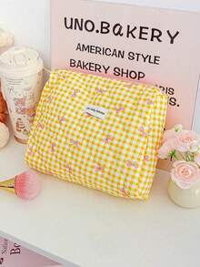 Aesthetic Rhombus Pattern Cosmetic Bag, Yellow Plaid & Pink Bow Print Makeup Organizer Bag, Zipper Closure Portable Toiletry Bag, Large Capacity Travel & Daily Use Storage Pouch - Multicolor - View 16