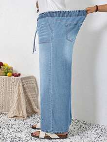 Tall CURVE Pantalones vaqueros de talla grande para mujer de primavera y verano con cintura con cordón, bolsillos, pierna ancha, sueltos, cómodos, elásticos y de tela vaquera con estiramiento - Lavado ligero - Ver 3