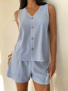 LUNE Conjunto De Camiseta Sin Mangas Y Pantalones Cortos De Color Sólido Para Mujer Con Cuello En V - Multicolor 4 - Ver 4
