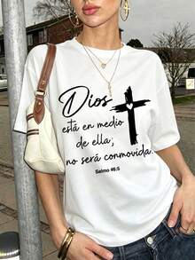 Women's Summer Fashion Short Sleeve T-Shirt Casual Outdoor Fashion 'Letters And Crosses' Print Loose Casual Women's T-Shirt - 白色 - 查看 1