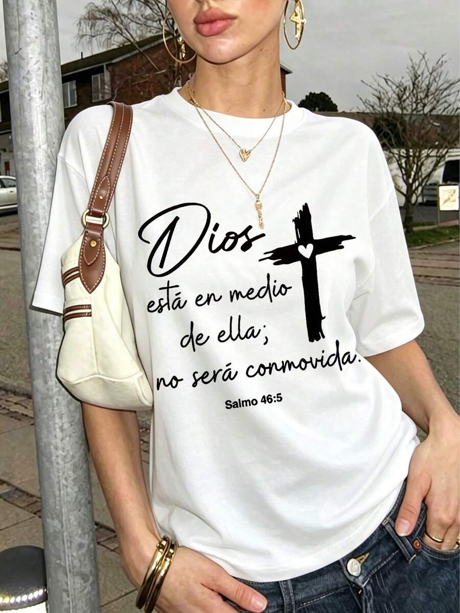 Women's Summer Fashion Short Sleeve T-Shirt Casual Outdoor Fashion 'Letters And Crosses' Print Loose Casual Women's T-Shirt - 白色 - 查看 1