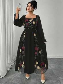 Vestido de mujer de talla grande con parches de malla y bordado floral elegante - Negro - Ver 1