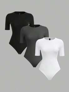 3 piezas Body ajustado de manga corta y cuello redondo de punto de unicolor para mujer - Gris - Ver 5