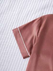 Set de 2 piezas de pijama con top de manga corta y pantalones con bordado de corazón de seda sintética - Rosa vieja - Ver 5