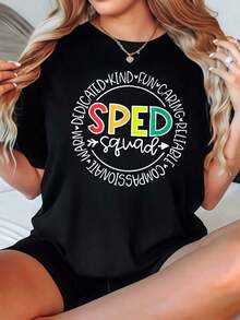 Camiseta de Mujer Casual con Cuello Redondo, Opciones en Blanco y Negro, Estampado de Letras Coloridas SPED, Camisetas Cómodas para Uso Diario, Tops de Verano, Camisetas Gráficas, Conjuntos de Verano para Mujer, Camisetas Cortas para Mujer, Tops Vintage de Algodón, Ropa Linda para Mujer, Playera Holgada para Mujer - Negro - Ver 1