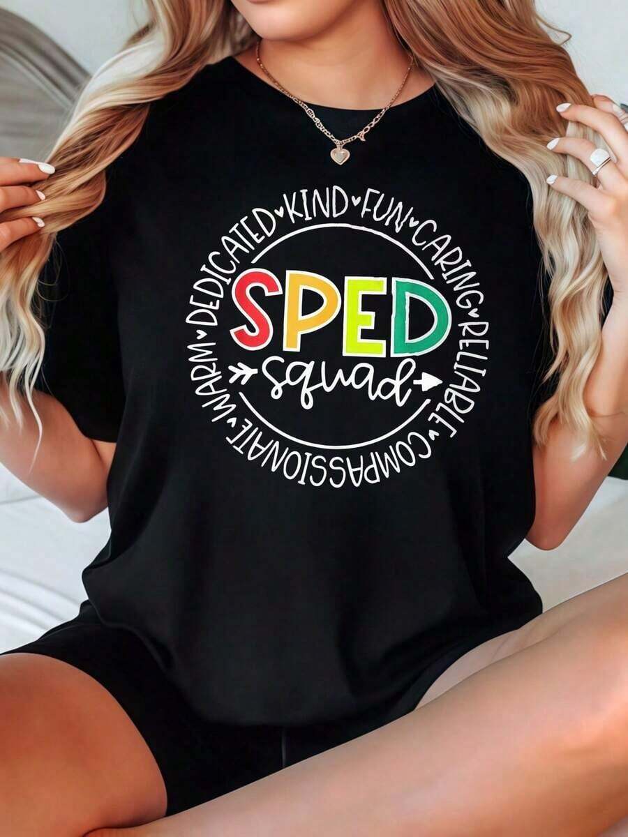Camiseta de Mujer Casual con Cuello Redondo, Opciones en Blanco y Negro, Estampado de Letras Coloridas SPED, Camisetas Cómodas para Uso Diario, Tops de Verano, Camisetas Gráficas, Conjuntos de Verano para Mujer, Camisetas Cortas para Mujer, Tops Vintage de Algodón, Ropa Linda para Mujer, Playera Holgada para Mujer - Negro - Ver 1