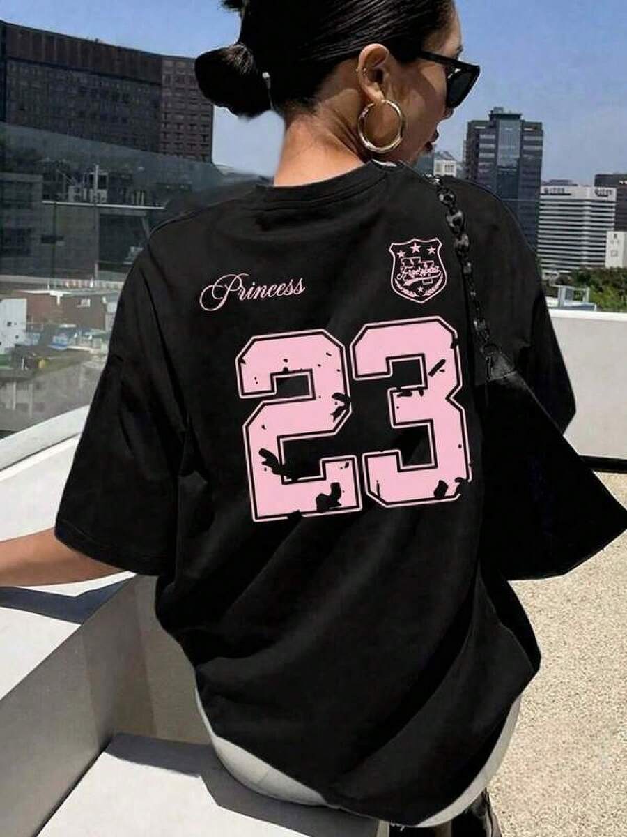New 2026 Camisetas Para Mujer,Camiseta negra estilosa con número 23, diseño moderno, algodón suave, cómoda y fresca, para diario, talla única, informal, casual, moda juvenil, complementa tu look. - Negro - Ver 1