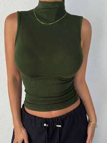 Tops de mujer de cuello alto, ajustados, sin mangas y con envolvente - Verde Oscuro - Ver 1