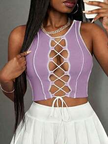 Top corto sin mangas con contraste de color acanalado, estilo casual básico, deportivo, sexy y de calle Y2K para mujeres - Púrpura malva - Ver 8