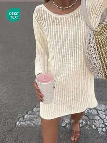 Vestido corto tipo capa de unicolor, informal, fresco, para vacaciones y playa, con adorno de encaje, de manga larga para mujer, para primavera/verano - Blanco lechoso - Ver 12