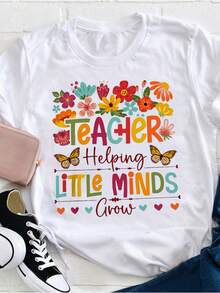 Los maestros ayudan a que las mentes jóvenes crezcan. Camiseta casual para mujer con estampado digital creativo, cuello redondo, manga corta, lavable a máquina, sencilla y versátil, transpirable, de corte casual para primavera y verano (temática de viajes y vacaciones). - Blanco - Ver 5