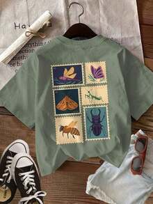 Moda Primavera/Verano [Estampado de Doble Cara] Camiseta de Algodón Puro para Mujer, Estilo Vintage, Estampado de Insectos, Libélula, Mariposa, Abeja, Casual, Cuello Redondo, Manga Corta, Top de Primavera/Verano.Apto para tallas grandes, top lindo, estilo retro Y2K, corte holgado.Suave y delicado con la piel - Negro - Ver 11