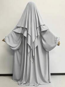 紋理鬆弛款 Khimar Abaya 兩件套，彈性泡泡袖百褶端莊 長洋裝，穆斯林女性休閒伊斯蘭禮拜套裝 - 彩色 - 查看 9