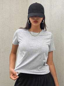 Camiseta de manga corta de ajuste slim con cuello redondo para mujer, para el verano - Gris - Ver 8